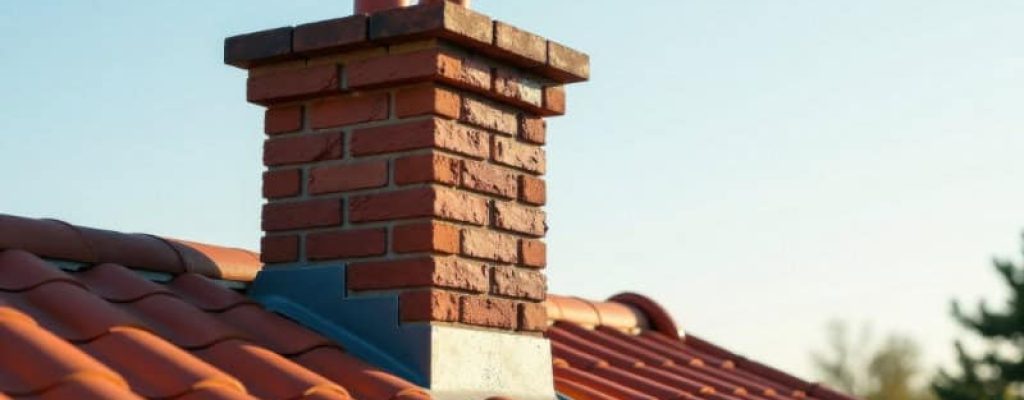 A newly constructed brick chimney proudly stands atop a terracot