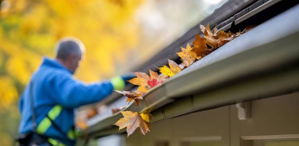 A person cleaning gutters by removing leaves